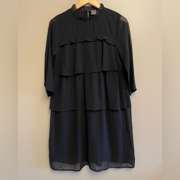 ICHI Dresses & Skirts - ICHI Black Ruffled Tiered Quarter Sleeve Mandarin Collar Blouse Size 36